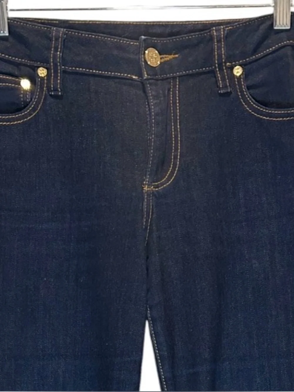 Tory Burch Straight Leg Jeans Dark Wash Denim w/ Leather Logo Patch - Size 30